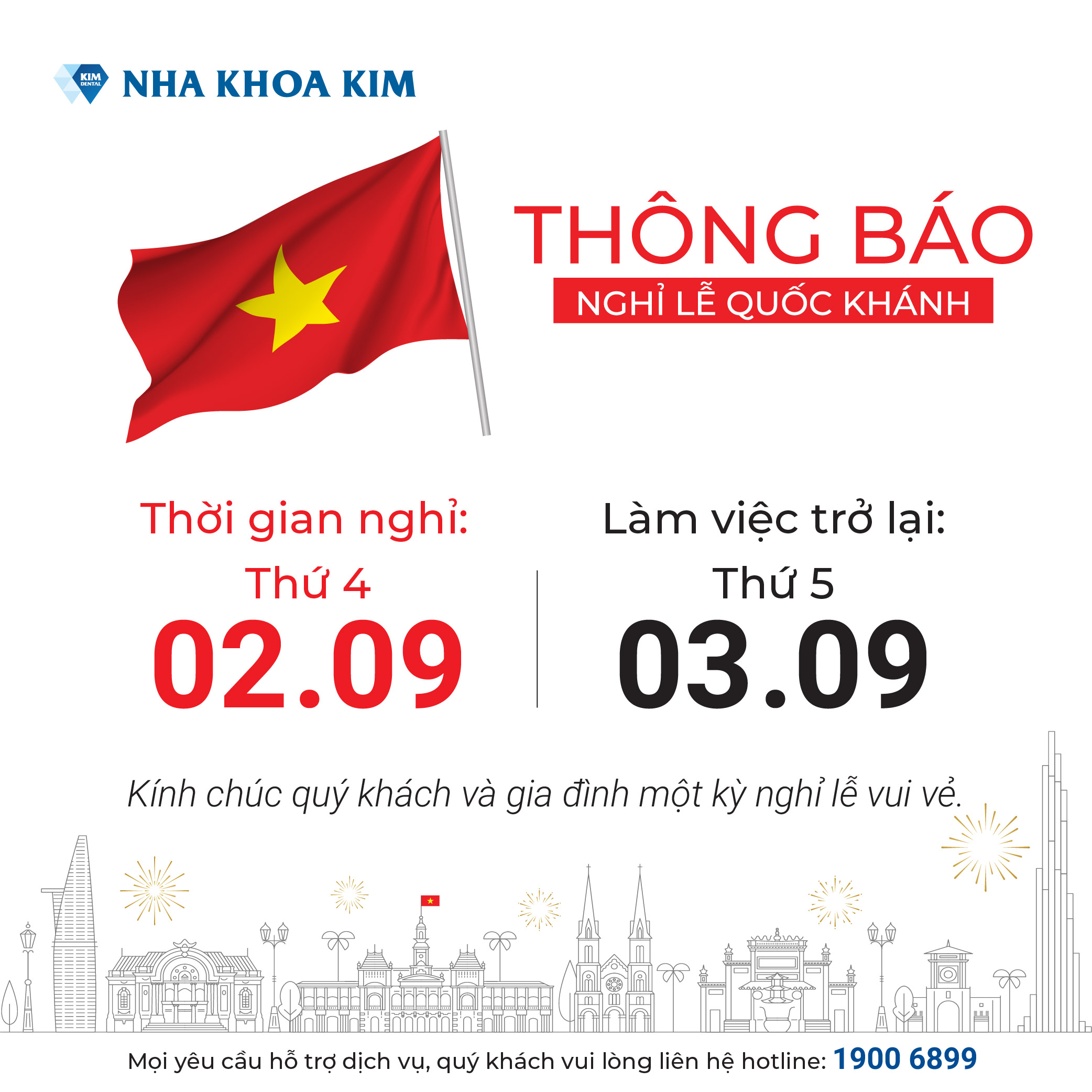 lịch nghỉ lễ quốc khánh tại nha khoa Kim