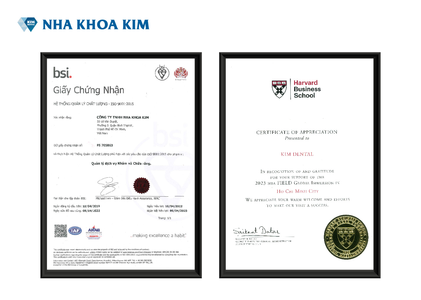 Giấy chứng nhận chất lượng ISO 9001:2015 của Nha Khoa Kim
