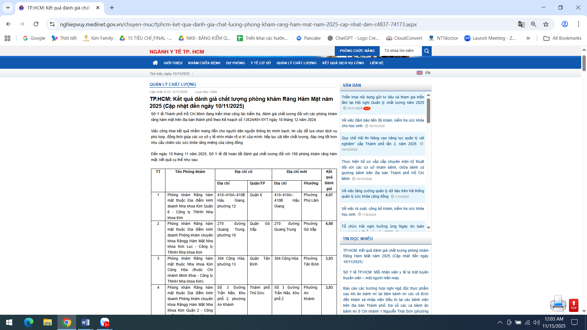 Công khai kết quả đánh giá xếp hạng quản lý chất lượng các phòng khám răng hàm măt - Sở Y tế Tp.HCM